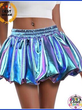 Metallic Bubble Skirt Mini Skort with Built-in Shorts Rave Clubwear